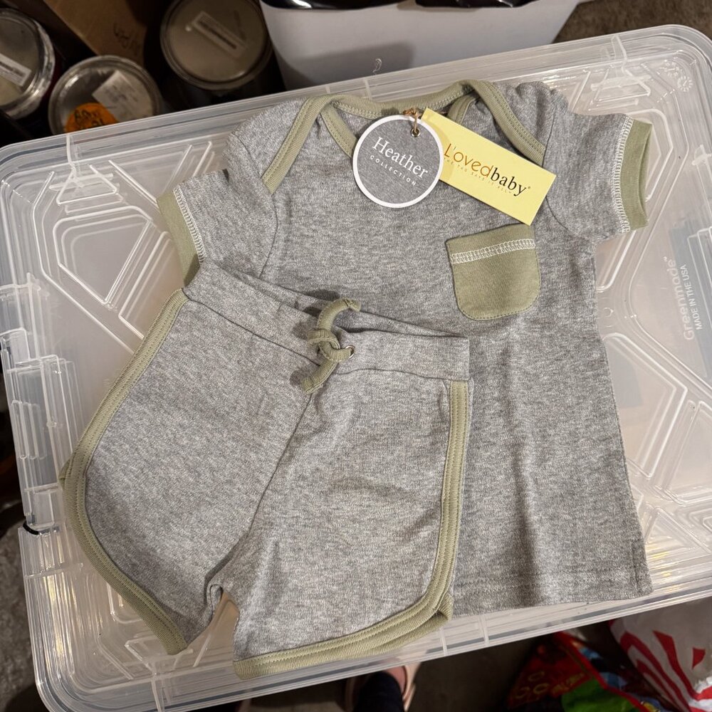 L'oved Baby Organic Tee & Track Short Set in Seafoam Heather, 12-18m